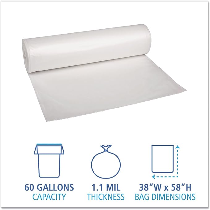 60 Gallon Clear Trash Bags | 1.1 Mil Heavy-Duty Garbage Bags | 38 x 58 100 Count Bulk Can Liners