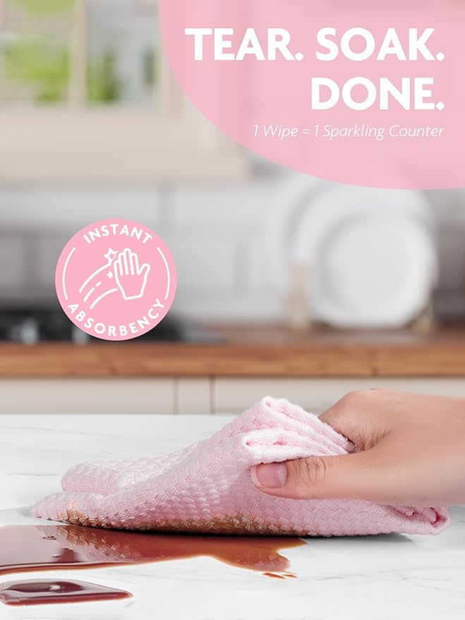 Fantasticlean Large Tear-Away Microfiber Cleaning Cloth Roll - 18'' by 12'' 36 Sheets Thick Dish Cloths Super Absorbent Reusable Kitchen Towels (Pink)