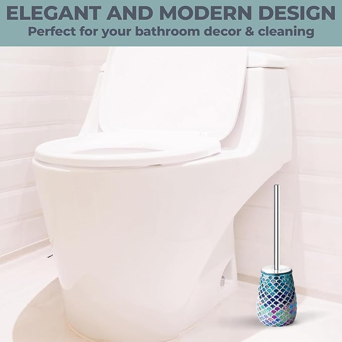 Escenzy Mermaid Bathroom Toilet Brush and Holder Set Mosaic Glass | Non-Rustic Stainless Steel | Practical &amp Decorative Toilet Bowl Brush and Holder | Luxury Mermaid Bathroom Decor