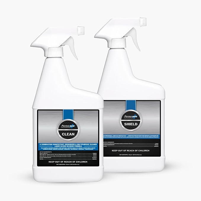 PermaSafe CLEAN Cleans Disinfects Deodorizes in One ‘Spray &amp Walk Away’ Step Sanitizes Hard Soft &amp Food Surfaces + PermaSafe SHIELD 90 Day Antimicrobial Surface Protector. 32 Fl Oz Spray
