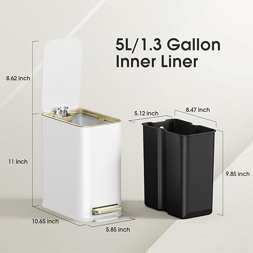 Small Bathroom Trash Can with Lid Soft Close 5L / 1.3 Gallon Slim Garbage Can with Removable Inner Bucket Step Stainless Steel Trash Bin for Office Bathrooms Bedroom Living Room (White)