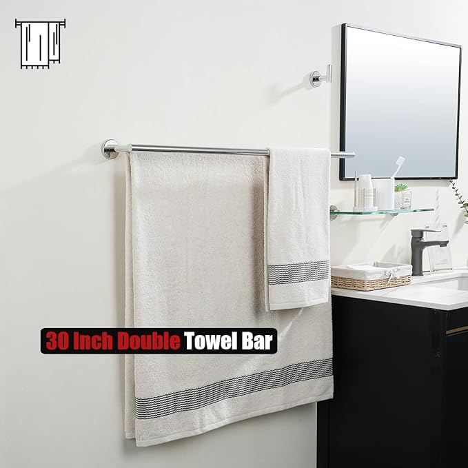 JQK Double Bath Towel Bar 33 Inch 304 Stainless Steel Thicken 0.8mm Towel Rack for Bathroom Towel Holder Polished Chrome Wall Mount Useable Length 30 Inch TB100L30-CH