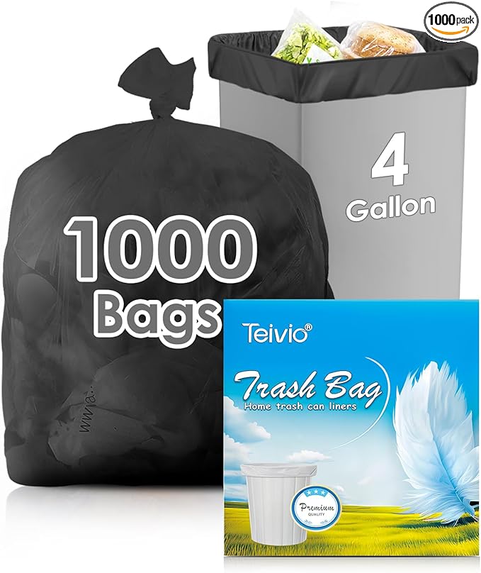 4 Gallon 1000 Counts Small Black Trash Bag Bulk Garbage Bags by Teivio Bathroom Trash Can Bin Liners Small Plastic Bags for home office kitchen