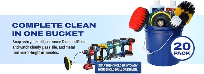 Complete Hard Water Stain Drill Cleaning Kit – 20 Piece Diamond Shine Set with Drill Brushes Bucket &amp lid Scouring Pads &amp Cleaner for Tile Bathroom Hard Water Shower Glass &amp Chrome