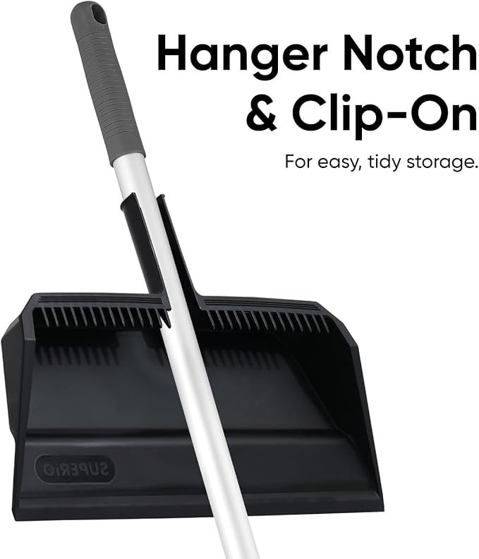 Superio 18 Horse Hair Upright Broom with Telescopic Handle &amp 16 Black Dustpan with Comb Rubber Lip &amp Clip – Narrow Thin Dust Broom for Dog Hair – Hardwood &amp Tile Floor Cleaning Set – Gr