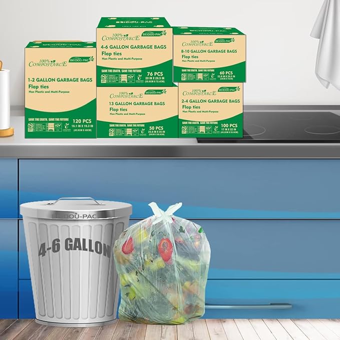 4-6 Gallon Flap Tie Compostable Trash Bags 304 Count Compost Bags Kitchen Trash Bags Sturdy Biodegradable Garbage Bags Food Scrap Waste Bags ASTM D6400 US BPI Certified