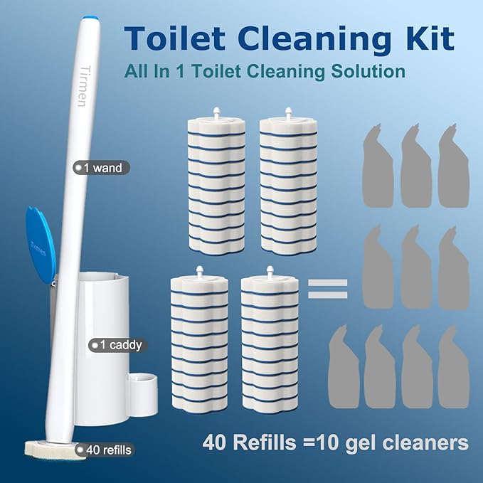 Disposable Toilet Brush: Toilet Bowl Brush and Holder Set with 24 Wand Refills Upgraded Handle 2X Cleaners Toilet Cleaning System with Storage Caddy for Sink Bathtub Floor Drain (2 Sets Blue)