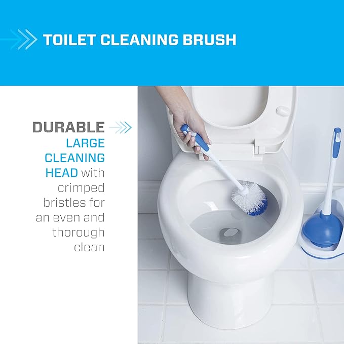 Mr. Clean Toilet Plunger and Bowl Brush Combo with Caddy 3-Piece Heavy-Duty Plunger Toilet Brush and Caddy Set White/Blue (Pack of 4)