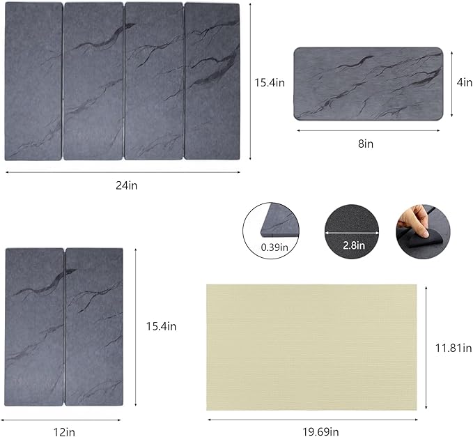 2 PCS Large Stone Dish Drying Mat for Kitchen Counter Diatomaceous Earth Quick Dry Foldable Dish Drying Pad with Anti Slip Mesh Mats(16x24in 4x8in grey)