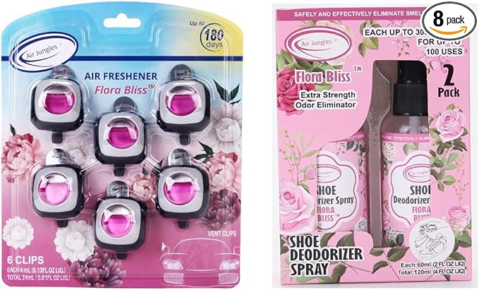 Air Jungles Car Air Freshener Vent Clip 6Pack and Shoe Deodorizer Spray 2Pack