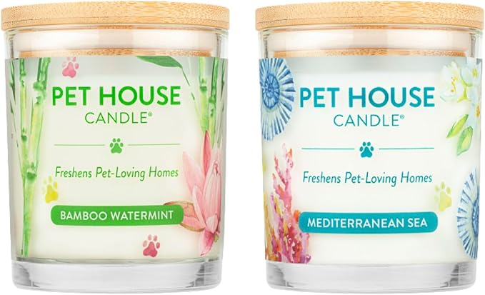 Pet House Candles Clean Burning Long Lasting Scented Pet Odor Candles for Home - Bamboo Watermint Med Sea 2 Pack
