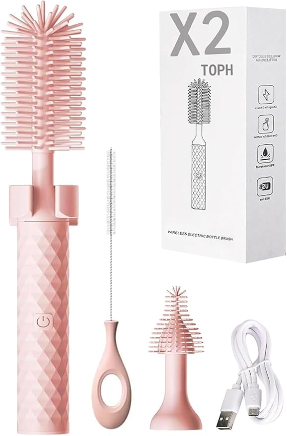 360 Bottle Cleaner 360 Electric Bottle Cleaner Portable Travel Electric Baby Bottle Brush Set (3SetPink)