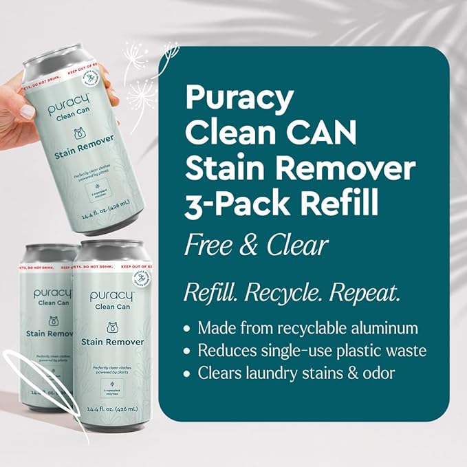 Puracy Clean Can Laundry Stain Remover - Fabric Stain Remover for Clothes Laundry - Stain Treater - Active Enzyme Laundry Stain Remover Spray - Spot Remover for Clothes (3 Pack Refill Free &amp Clea