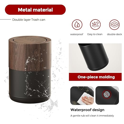 3.1 GAL Modern Metal Trash Can with Realistic Wood TextureBuilt-in Bag HolderFlip LidSmall Bathroom Garbage Can for BathroomHomeOfficeLiving Room (3.1gal Swing lid)