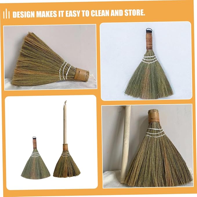 2pcs Handmade Woven Brooms with Long Handles Natural Soft Straw Dust Cleaning Brush for Kitchen Floor and Tabletop Cleaning Supplies