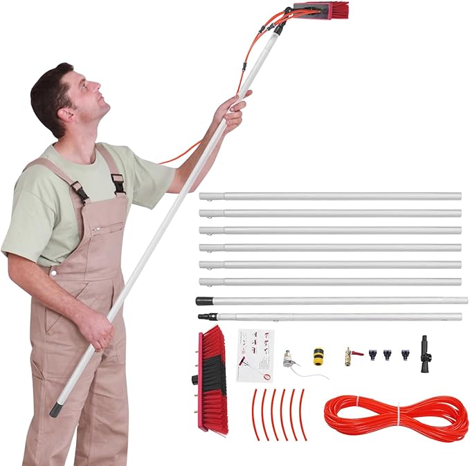 Water Fed Pole Kit 26.25 FT Adjustable Window Cleaning Brush and Pole 8m Telescopic Extendable Solar Panel Washing Tool Outdoor Window Glass Washing Cleaner Equipment Tool