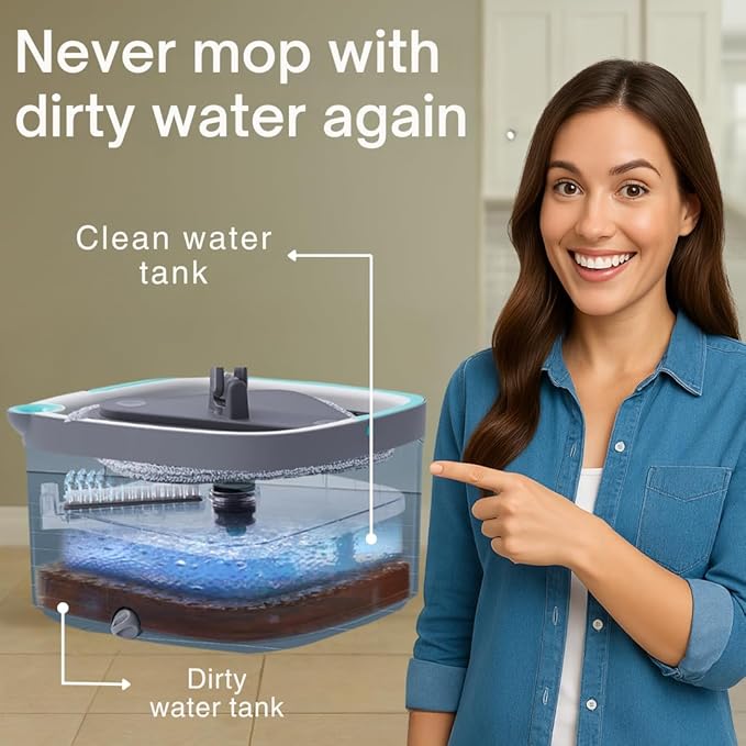 TRUE &amp TIDY Square Spin Mop &amp Bucket System – Dual Chamber for Clean &amp Dirty Water 360° Rotating Self-Wringing Mop with Built-in Scrub Brush Stainless Steel Handle &amp 2 Reusable Micro