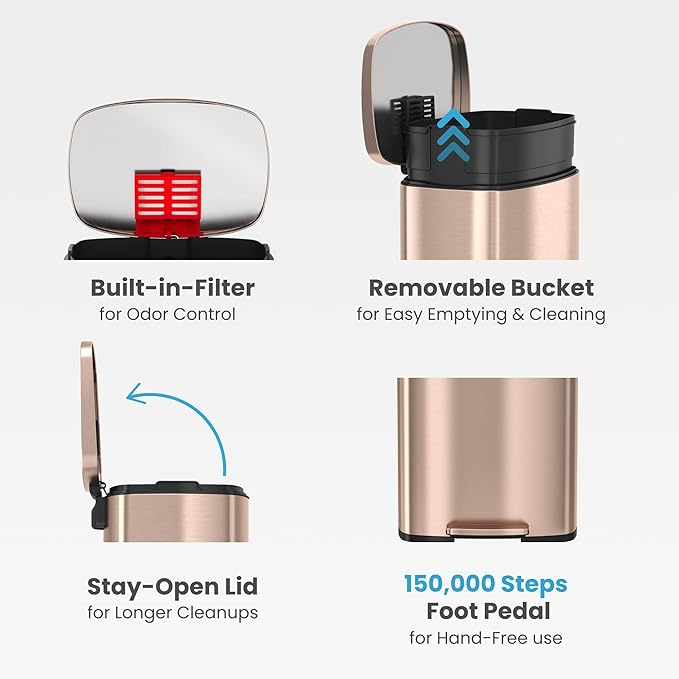 ITouchless SoftStep 13.2 Gallon Step Kitchen Trash Can with Lid and Odor Filter Rose Gold Stainless Steel 50 Liter Trashcan for Home Office Bedroom Garage Living Room Bathroom Slim Wastebasket