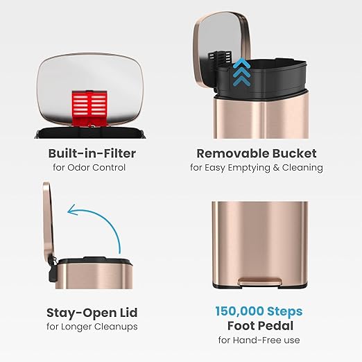 iTouchless SoftStep 13.2 Gallon Step Kitchen Trash Can with Lid and Odor Filter Stainless Steel Rose Gold 50 Liter Trashcan for Home Office Bedroom Garage Living Room Bathroom Slim Wastebasket