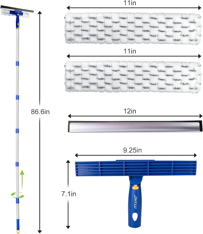 ITTAHO 86.6 Window Squeegee Cleaner2 in 1 Window Cleaning Tool KitShower Squeegee with Extension PoleGlass Cleaning Tools for Shower GlassIndoor/Outdoor High Window Cleaning-Two Pads