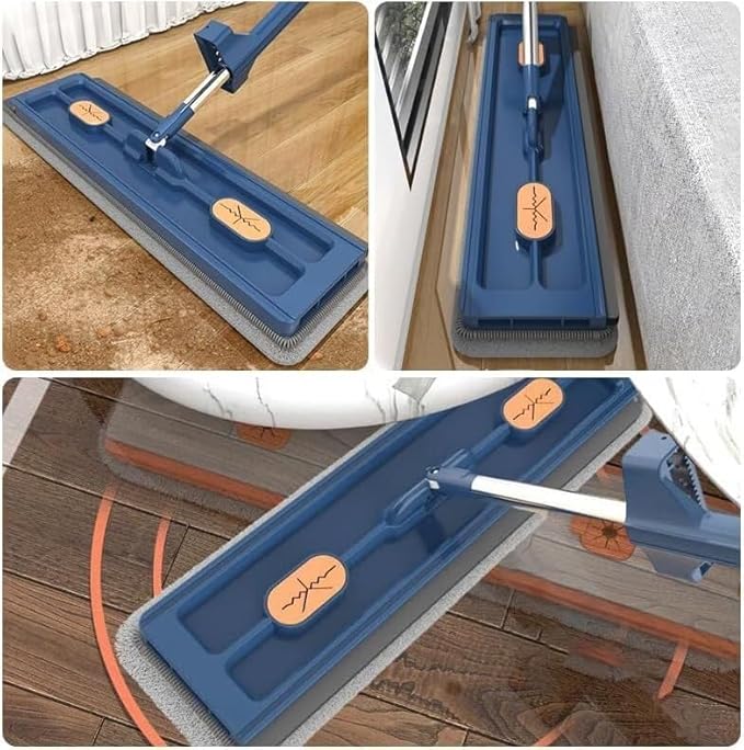Wall Mop Cleaner with Long Handle Large Flat MopEasy Squeeze Automatic Self-Wringing Flat with 6 Reusable Microfiber Pads Dry and Wet 12027(Blue)
