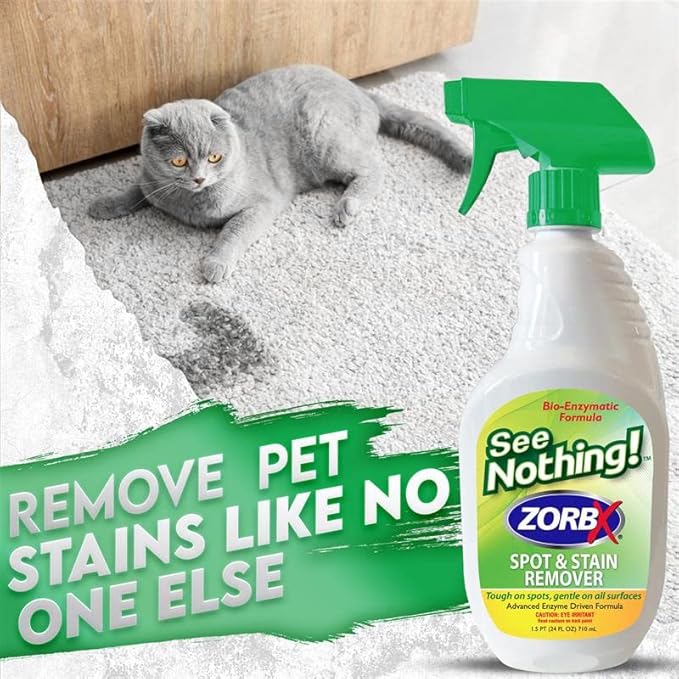 ZORBX See Nothing Spot &amp Stain Remover Spray (24 oz.) - All Purpose Cleaner for Shoes Clothes Furniture &amp Pet bedding - Fast-Acting Scrub-Free Odor &amp Enzyme Stain Remover for Ink Blood