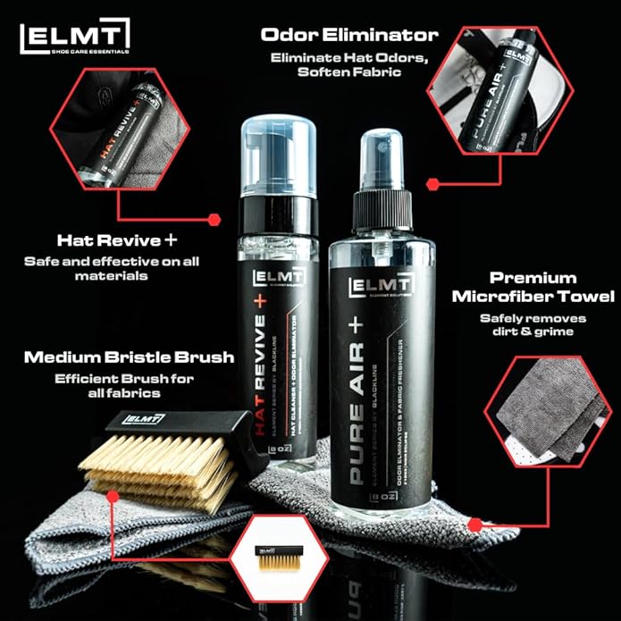 Blackline ELMT Hat Cleaning Kit — Quick-drying US-Made Cleans 50+ Hats — Hat Cleaner for Baseball Caps of all Materials Cotton Wool Leather Felt and more (8oz Solution Deodorizer Towel &amp Br