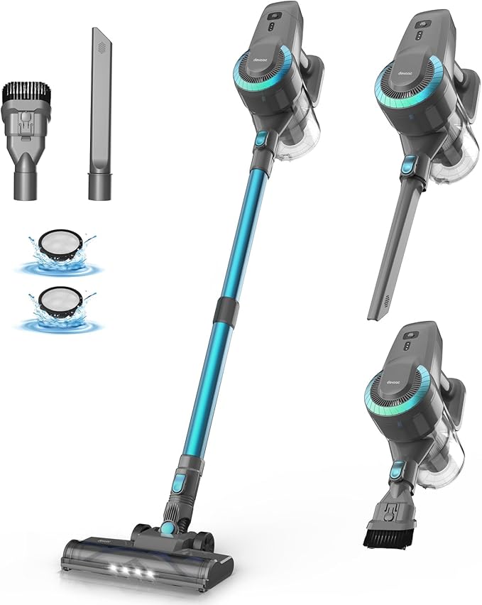 DEVOAC N300 Cordless Vacuum Cleaner 6 in 1 Lightweight Stick Vacuum 2200mAh Battery Up to 40mins Runtime Powerful Handheld Vacuum for Hard Floor Rug Pet Hair Home Dorm (Waterfall)