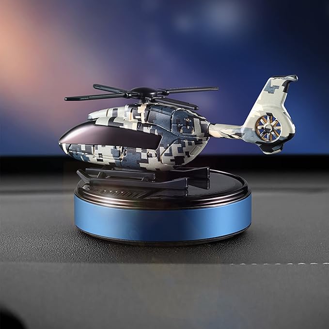 Solar Energy Rotating Helicopter Air Freshener Al Alloy Diffuser Purifier Odor Eliminator Car Perfume Interior Aesthetic Decoration (Blue Camouflage)
