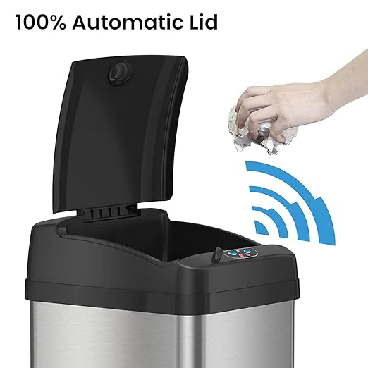 iTouchless 13 Gallon Sensor Kitchen Trash Can with Lid and Odor Filter Stainless Steel Trashcan Extra-Wide Lid Opening Slim Garbage Bin for Home Office Work Bedroom Living Room Garage Large Capacity