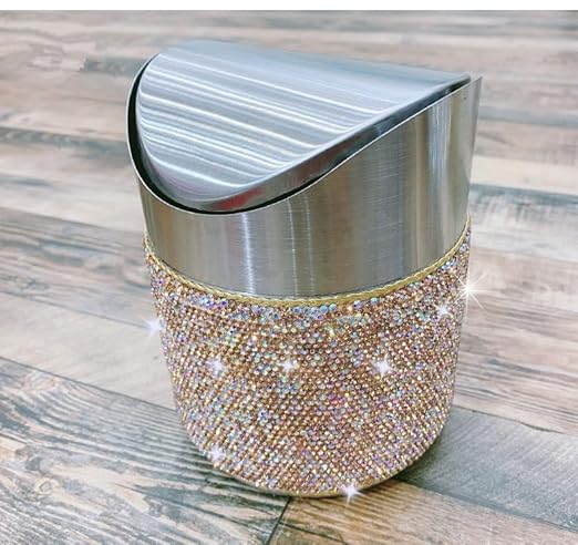 Trash Can Wastebasket – Garbage Container Bin Waste Basket Crystal Rhinestone Bedazzled Glitter Deco Vanity Home Office Desk Perfect for Vanity and Small Items -Gold