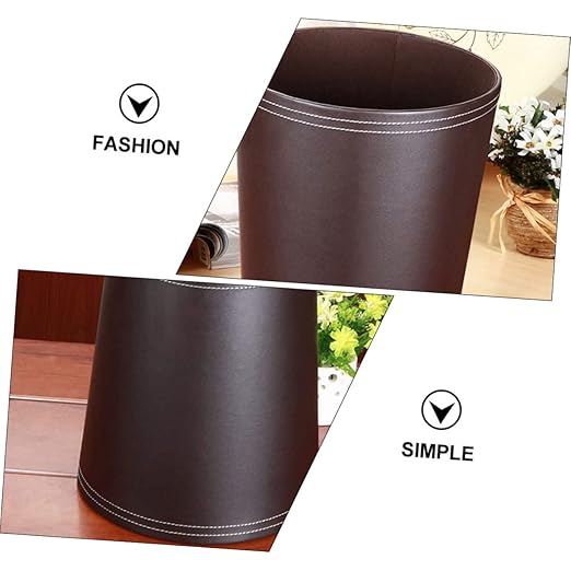 VOSAREA 1Pc Round Waste Basket Stylish Trash Can for Home Office PU Design Convenient Open Top for Easy Disposal for Living Room Workspace