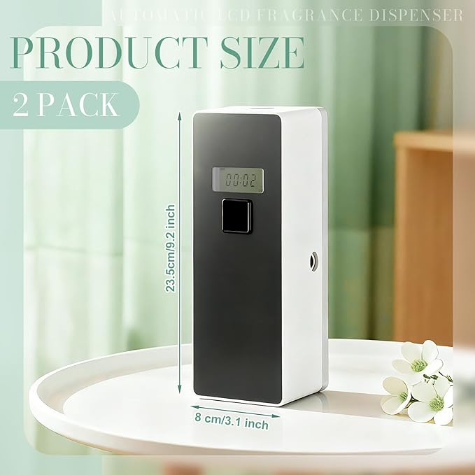 Qualirey 2 pcs Automatic LCD Fragrance Dispenser Wall Mount/Standing ABS Auto Air Freshener Spray Perfume Dispenser Programmable for Bathroom bedroom Hotel Office Commercial