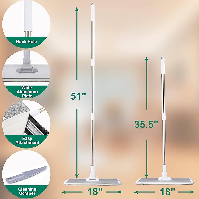 18 Professional Microfiber Mop Floor Cleaning System Flat Mops with Stainless Steel Handle 4 Reusable Washable Mop Pads Wet and Dust Mopping for Hardwood Vinyl Laminate (White&ampGrey)