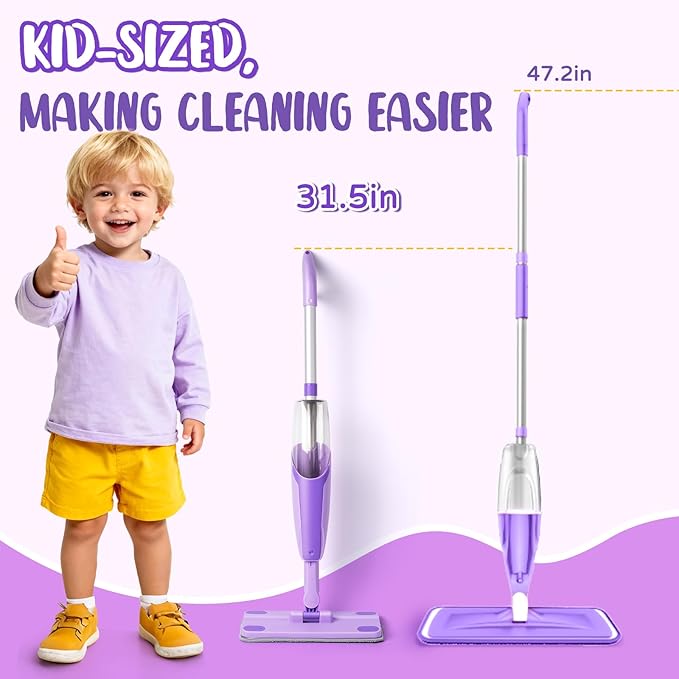 Purple Mini Spray Mop for Toddler-Montessori Cleaning Toy That Real Spray WaterPretend Playhouse Essentials for Girls Ages 3-8Toddler Educational Housekeeping Set