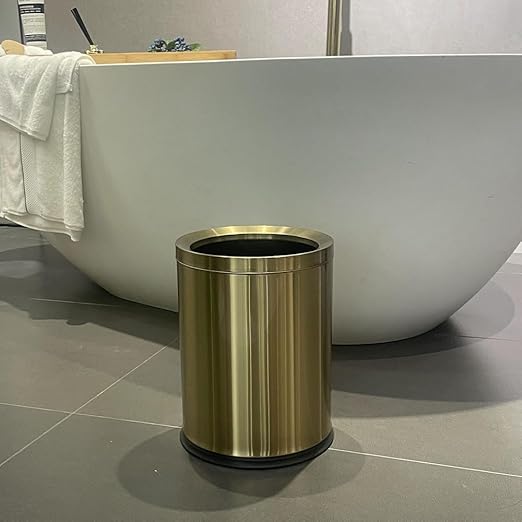 12L/3Gal Antique Brass Bathroom Trash CanBrushed Brass Garbage canSmall Gold Wastebasket for OfficeHotelrestuarantBankBathroomBedroom (Gold 12)
