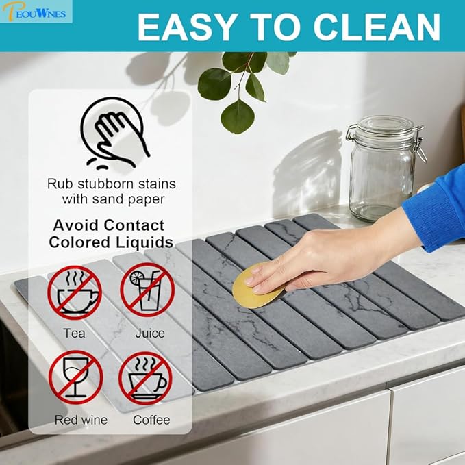 2 PCS Diatomaceous Stone Drying Mat for Kitchen Counter Quick Dry Collapsible Stone Dishes Mats Marbled Absorbent Bath Mat for Countertop Bottles Utensils Cups Dark Gray 24×16 &amp 8x4