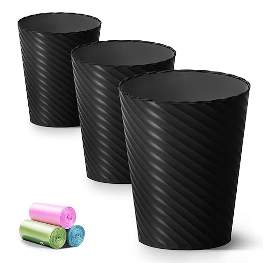Lysam Bathroom Trash Can 3 Pack 1.8 Gallons Small Trash Can with Trash Bags Bathroom Garbage Can Plastic Trash Bin Round Waste Basket for Bedroom Office Kitchen Room Compact Space (Black)