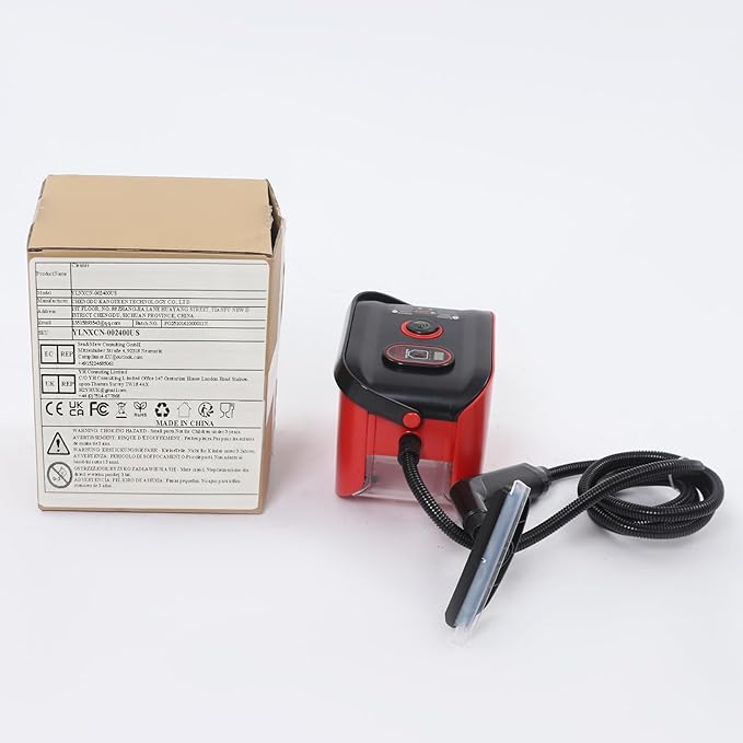 1500W Handheld Steam Cleaner with 0.32Gal Tank &amp 6.56ft Extended Pipe &amp 4 Brushes &amp 3 Setting 13s Heat-Up Portable Steam Cleaner for Cleaning Tile Floor Car Home Use (Red)