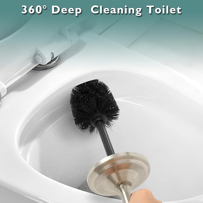 Stain Nickel Toilet Brush and Holder Set Stainless Steel Toilet Brush for BathroomHeavy Duty Silver Toilet Bowl BrushDeep Cleaning Modern Toilet Cleaner Brush -Space Saving Covered Brush