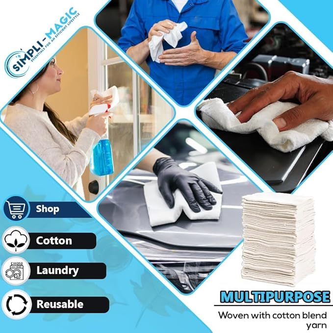 Simpli-Magic Cotton Shop Towels 14x12 (150 Pack) – White Reusable Cleaning Shop Rags for Automobiles Industries Garage and Homes