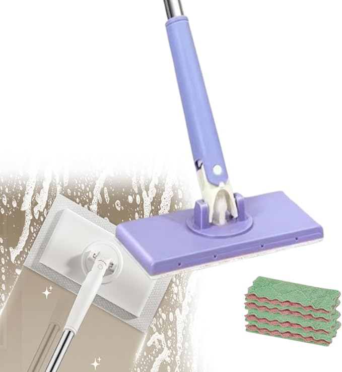 Lazy Mop Snap Grip Mini Mop Automatic Cloth Clip and No Wash Mops Reusable Clip Mopping Stick Disposable Dust Mop with 4 Reusable Cloths Zero Touch Mini Mopping for Wall Door Window (Purple)
