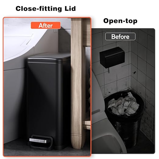Slim Bathroom Trash Can with Lid Soft Close 2.6 Gallon Stainless Steel Garbage Can with Removable Inner Bucket Durable Step Pedal Small Trash Bins for Toilet Bedroom Kitchen Office