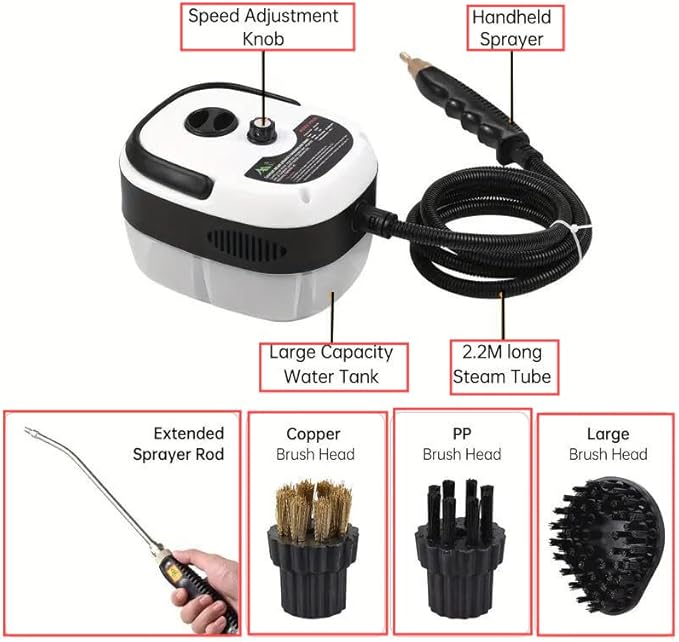 High Temperature Pressure Steam Cleaner with brush head 1500W Handheld Pressurized Steam Cleaner Portable Cleaning Machine For Home Use Kitchen Grease (Black)