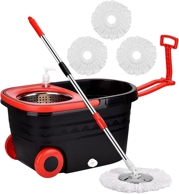 Mop and Bucket Set 360° Spin Mop and Bucket with Wringer Set and 3 Microfiber Mop Refills Stainless Steel 61'' Extended Handle Spinning Mop Bucket System for Floor Cleaning