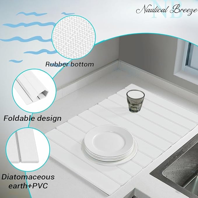 Roll-Up Stone Mat - Premium Diatomaceous Earth Dish Drying Rack Water Absorbent Roll-Out Dish Drying Mat for Kitchen Countertops Eco-Friendly Quick-Dry Surface White