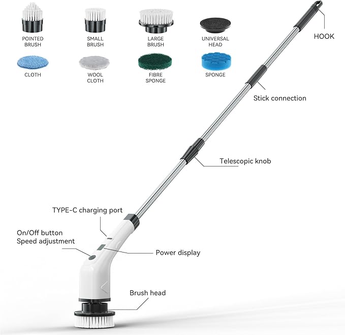 APLUSH Electric Spin ScrubberCordless Shower Cleaning Brush with 7 Replaceable Brush Heads Adjustable 2 Speeds Extension Handle Power Cleaning Brush for Tub Tile Floor CarBlack
