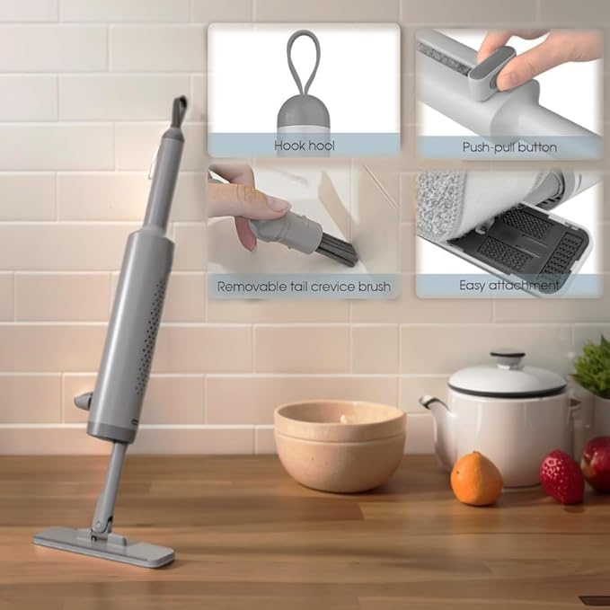 Mini Mop for Small Spaces Portable Self-Squeeze MopSmall Dust Mop Desktop Cleaning Short Handle Mop for RV Bathroom Kitchen with Crevice BrushSilicone Squeegee &amp 2 Reusable Microfiber Pads