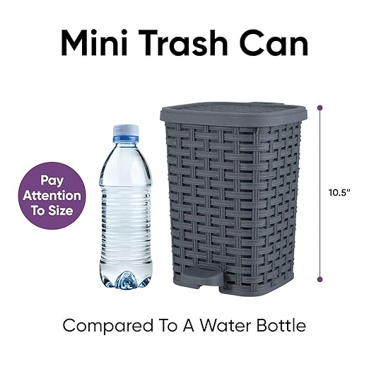 Superio Mini Trash Can with Foot Pedal Small Outdoor Garbage Can with Lid 1.5 Gallon Plastic Waste Basket for Bathroom Bedroom Kitchen Office Patio (Wicker Grey 6 QT.)