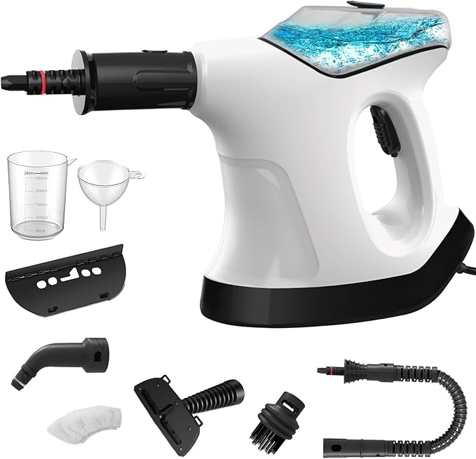 Handheld Steam Cleaner for Home 10S Immediate Heat Hand Held Steam Cleaner with Visualized Large Water Tank &amp 9 PCS Accessories &amp Safety Lock for KitchenCouchFloorWindowCar (WHITE+BLACK